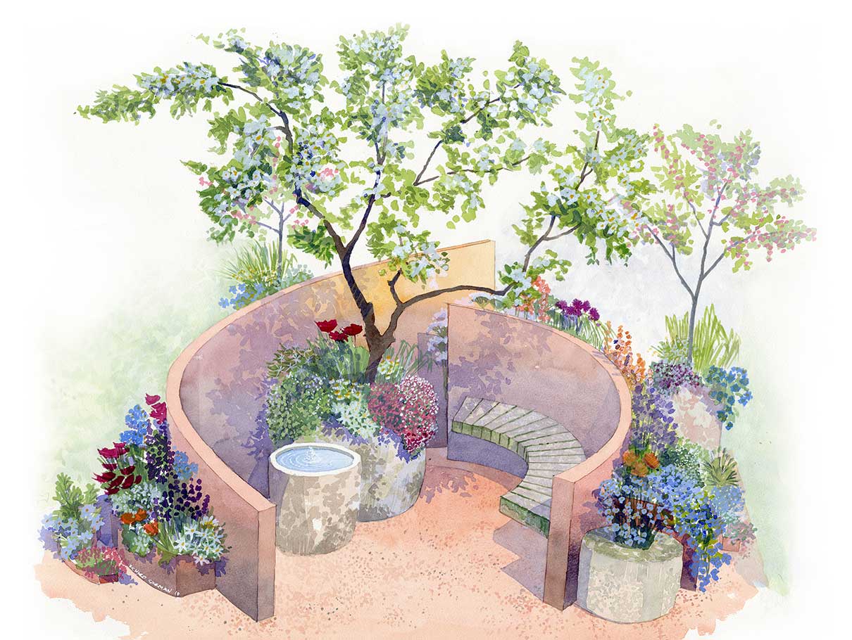Watercolor illustration of a circular stone garden with a curved bench, a small water fountain, and colorful flowering plants and trees.